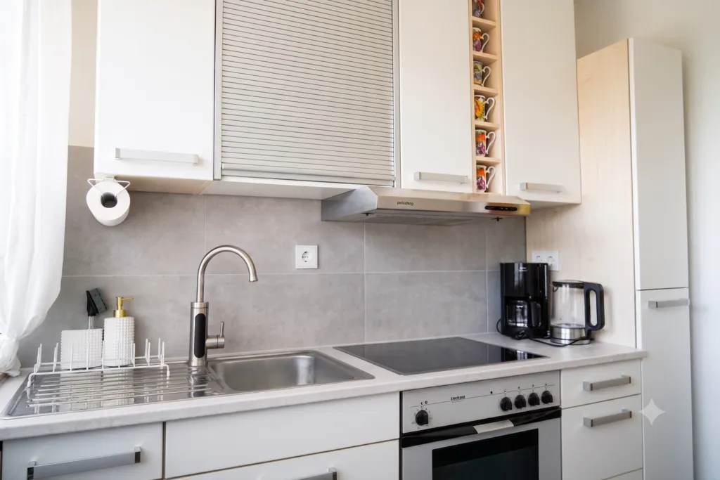 Moderne Küche der Ferienwohnung mit Vollausstattung, Ceranfeld und Kaffeemaschine für Selbstversorger im Weserbergland.
