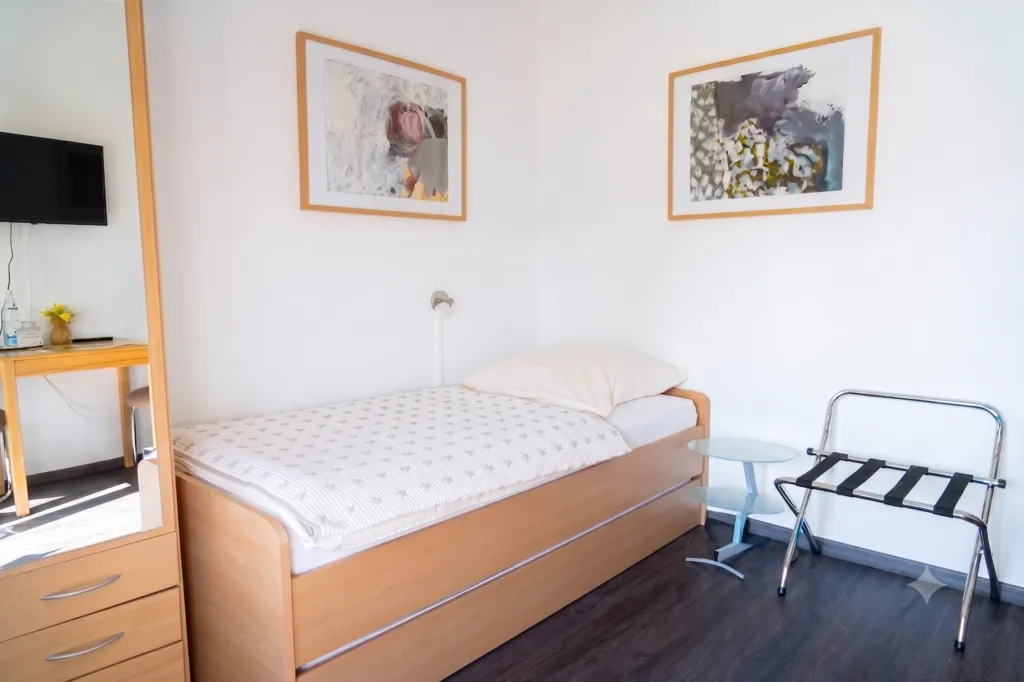 Helles Einzelzimmer für Urlauber und Geschäftsreisende mit Schreibtisch, WLAN, TV und direktem Zugang zur eigenen Terrasse.